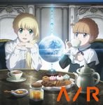  aldnoah.zero asseylum_vers_allusia blonde_hair brown_hair chair cookie cupcake earth eddelrittuo food green_eyes highres honey honey_dipper multiple_girls official_art open_mouth pastry pinky_out purple_eyes sitting smile table tea teapot 