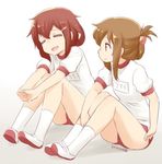  adjusting_buruma adjusting_clothes brown_eyes brown_hair buruma closed_eyes dated folded_ponytail full_body gym_uniform hair_ornament hairclip ikazuchi_(kantai_collection) inazuma_(kantai_collection) jpeg_artifacts kantai_collection md5_mismatch multiple_girls nagian shoes sitting socks stretch uwabaki white_legwear 