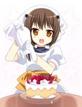  alternate_costume bangs blush brown_hair cake dress food fruit gloves head_scarf headgear icetiina kantai_collection looking_at_viewer open_mouth puffy_short_sleeves puffy_sleeves short_hair short_sleeves simple_background solo strawberry upper_body white_background white_dress white_gloves yukikaze_(kantai_collection) 