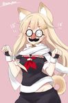  animal_ears bad_id bad_pixiv_id bangs black_gloves black_serafuku black_skirt blonde_hair blouse dog_ears dog_tail fingerless_gloves funny_glasses glasses gloves hair_ornament hairclip kantai_collection long_hair looking_at_viewer neckerchief paw_pose pink_background red_neckwear remodel_(kantai_collection) sailor_collar scarf school_uniform serafuku simple_background skirt solo tail takehana_note twitter_username upper_body white_scarf yuudachi_(kantai_collection) 