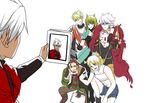  4boys achilles_(fate) amakusa_shirou_(fate) armor atalanta_(fate) bad_id bad_pixiv_id beard blonde_hair book facial_hair fate/apocrypha fate_(series) green_eyes green_hair heru_(goldprin) karna_(fate) mordred_(fate) mordred_(fate)_(all) multiple_boys multiple_girls self_shot spiked_hair trolling white_hair william_shakespeare_(fate) 