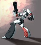  arm_cannon decepticon gun kevin_herault laughing logo looking_at_viewer looking_back megatron no_humans open_mouth robot shadow standing transformers trigger weapon 