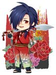  blue_hair chibi dramatical_murder flower hair_over_one_eye japanese_clothes koujaku kuronohana male_focus open_mouth ponytail red_eyes scar smile solo sword weapon 