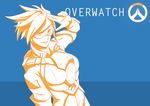 bad_id bad_pixiv_id bangs blue_background breasts buckle copyright_name from_side goggles grin highres jacket large_breasts looking_at_viewer monochrome orange_(color) overwatch rebe11 salute short_hair simple_background sleeves_folded_up smile solo spandex spiked_hair tracer_(overwatch) upper_body 