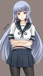  black_legwear blue_hair blush collarbone cosplay cowboy_shot crossed_arms fubuki_(kantai_collection) fubuki_(kantai_collection)_(cosplay) fuuma_nagi hair_ribbon kantai_collection long_hair md5_mismatch murakumo_(kantai_collection) navel pantyhose ribbon school_uniform serafuku short_sleeves sidelocks skirt smile solo very_long_hair 