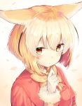  absurdres animal_ears animal_ears_(artist) blonde_hair blush bow bowtie commentary_request elbow_gloves eyebrows_visible_through_hair fennec_(kemono_friends) fox_ears fur_trim gloves headshot highres kemono_friends puffy_short_sleeves puffy_sleeves short_hair short_sleeves solo yellow_eyes 