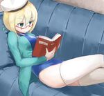  blonde_hair blue_eyes breasts couch crossed_legs glasses hat highres i-8_(kantai_collection) kantai_collection large_breasts long_sleeves low_twintails okitsugu on_couch one-piece_swimsuit open_clothes reading red-framed_eyewear sailor_hat school_swimsuit semi-rimless_eyewear smile swimsuit swimsuit_under_clothes thighhighs twintails under-rim_eyewear white_legwear 