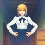  ahoge artoria_pendragon_(all) bad_id bad_pixiv_id blonde_hair casual dress fate/stay_night fate_(series) fateline_alpha frown green_eyes hands_on_hips saber solo 