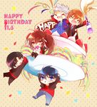  4boys black_hair blue_eyes blue_hair blush bottle brown_hair cake chibi chogi clenched_teeth closed_eyes english food fruit grey_hair hakama happy_birthday inohara_masato japanese_clothes kimono little_busters! long_hair miniboy minigirl miyazawa_kengo multiple_boys naoe_riki natsume_kyousuke natsume_rin necktie open_mouth orange_hair party_popper plate red_eyes school_uniform short_hair strawberry teeth 