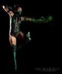  1girl adam_jay black_background bun cosplay hair_bun half_mask jade jade_(mortal_kombat) leotard mortal_kombat photo solo soni_balesta thighhighs 