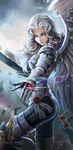  armor ass banned_artist blue_eyes curly_hair highres looking_at_viewer magic silver_hair skin_tight skull smile solo sword warhammer_40k weapon wings yinan_cui zayel 