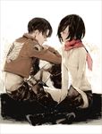  1girl anatidae black_hair boots coat collared_shirt crossed_legs elbows_on_knees emblem hands_clasped indian_style knees_up levi_(shingeki_no_kyojin) looking_at_another mikasa_ackerman own_hands_together pants paradis_military_uniform scarf shingeki_no_kyojin shirt short_hair sitting sketch survey_corps_(emblem) thigh_strap unbuttoned 
