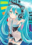  acrylic_paint_(medium) axent_wear blue_eyes blue_hair cat_ear_headphones detached_sleeves hatsune_miku headphones highres long_hair necktie pom77 skirt smile solo thighhighs traditional_media twintails very_long_hair vocaloid 