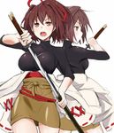  :o bad_id bad_pixiv_id bodysuit breasts brown_eyes brown_hair brown_skirt cowboy_shot drawing_sword hakama_skirt hyuuga_(kantai_collection) ise_(kantai_collection) japanese_clothes kantai_collection katana large_breasts multiple_girls open_mouth ponytail sheath short_hair simple_background skirt sword takehana_note unsheathing v-shaped_eyebrows weapon white_background 