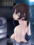  back bare_shoulders breasts brown_eyes brown_hair japanese_clothes kaga_(kantai_collection) kantai_collection kimono kimono_pull light_beam looking_back md5_mismatch medium_breasts mouth_hold night side_ponytail sideboob solo tsuuhan undressing window 