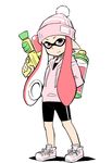  anbe_masahiro bike_shorts hat hood hoodie ink_tank_(splatoon) inkling knit_hat pink_eyes pink_hair shoes smile sneakers splatoon_(series) splatoon_1 splattershot_(splatoon) super_soaker 