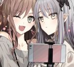  ;d bang_dream! bangs bare_shoulders blush breasts brown_eyes brown_hair bunny_hair_ornament butterfly_hair_ornament cellphone cleavage closed_mouth collarbone commentary eyebrows_visible_through_hair eyelashes gambe grey_eyes grey_hair hair_ornament imai_lisa long_hair minato_yukina multiple_girls off-shoulder_sweater one_eye_closed open_mouth phone self_shot selfie_stick shirt side-by-side sidelocks smartphone smile sweater upper_body white_shirt 