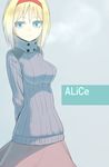  alice_margatroid arms_behind_back blonde_hair blue_eyes breasts brown_skirt character_name cowboy_shot hairband long_skirt long_sleeves looking_at_viewer medium_breasts onibi_(foxhound4185) ribbed_sweater short_hair simple_background sketch skirt solo sweater touhou turtleneck 