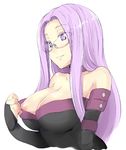 areola_slip areolae bare_shoulders blush breasts bridal_gauntlets fate/stay_night fate_(series) glasses large_breasts long_hair parted_lips purple_eyes purple_hair rider rimless_eyewear simple_background smile solo white_background zanku 