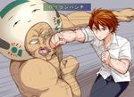  battle belt brown_eyes clenched_hand dark_skin dark_skinned_male duel expressionless face_punch girlfriend_(kari) helmet in_the_face kuase lips multiple_boys orange_hair outstretched_arm pants punching shirt short_hair short_sleeves spiked_hair teeth translated white_shirt 