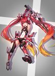  1girl arms_up artist_request elbow_gloves genderswap gloves hair_ornament huazang leotard long_hair looking_back mecha_musume mitsuka_souji multicolored_hair open_mouth ore_twintail_ni_narimasu red_eyes red_hair solo sword tail_red tailred thighhighs twintails very_long_hair weapon 