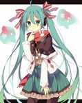  ahoge bad_id bad_nicoseiga_id blush eighth_note green_eyes green_hair hatoichi_reno hatsune_miku headphones highres letterboxed long_hair looking_at_viewer musical_note pantyhose red_scarf scarf skirt smile snowflakes solo striped twintails vertical-striped_skirt vertical_stripes very_long_hair vocaloid white_background 