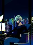  blue_hair casual chair chappa_(kaetodo) cityscape glasses inumuta_houka kill_la_kill male_focus sitting solo 