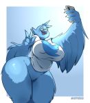  2019 anthro avian beak big_breasts bird blue_feathers bottomless breasts clothed clothing digital_media_(artwork) eyewear feathers female glasses holding_object holding_phone huge_breasts kappadoggo nipple_bulge peace_sign_(disambiguation) phone pussy round_glasses selfie shirt smile solo t-shirt thick_thighs tweetfur twitter winged_arms wings 