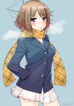  :o blazer blue_background blush breath brown_hair cowboy_shot hands_in_pockets headgear jacket kamoto_tatsuya kantai_collection looking_at_viewer maya_(kantai_collection) plaid plaid_scarf purple_eyes scarf skirt solo twitter_username 