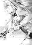  1girl assassins_pride braid breasts cleavage_cutout floating_hair from_side greyscale hair_between_eyes hair_ribbon highres holding holding_sword holding_weapon long_hair merida_angel miniskirt monochrome neck_ribbon ninomoto novel_illustration official_art open_mouth ribbon skirt small_breasts solo sword thighhighs weapon 