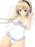  adjusting_headphones bad_id bad_pixiv_id blonde_hair blue_eyes blush braid breasts casual_one-piece_swimsuit cleavage covered_navel darjeeling digital_media_player eyebrows_visible_through_hair frilled_swimsuit frills girls_und_panzer headphones highres large_breasts lying media_player medium_breasts nksk on_back on_bed one-piece_swimsuit pillow short_hair smile solo swimsuit tied_hair twin_braids white_swimsuit 