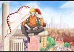  1boy bandaged_arm big.g blonde_hair blue_sky bowl cape chopsticks city mountain naruto scenery scroll sign sitting sky solo spiked_hair spoilers uzumaki_naruto whiskers 