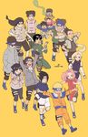  6+boys aburame_shino akamaru_(naruto) akimichi_chouji bandaged_arm bangs chips double_bun everyone eyes_closed fishnets forehead_protector full_body goggles hair_buns hyuuga_hinata hyuuga_neji inuzuka_kiba lee1210 moegi multiple_boys multiple_girls nara_shikamaru naruto rock_lee sarutobi_konohamaru standing sunglasses tenten uchiha_sasuke udon_(naruto) uzumaki_naruto yamanaka_ino yellow_background 