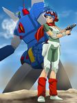  armor blue_eyes blue_hair elbow_pads female goggles gun handgun holster knee_pads leg_warmers mecha pistol rag_uralo scarf sentou_mecha_xabungle short_hair shoulder_pads solo weapon xabungle_(mecha) 