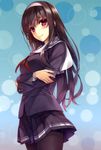  bad_id bad_yandere_id black_hair blazer blue_background blush breasts cowboy_shot crossed_arms hairband highres jacket kasumigaoka_utaha long_hair long_sleeves medium_breasts misaki_kurehito official_art pantyhose pink_eyes pleated_skirt saenai_heroine_no_sodatekata school_uniform skirt smile solo standing 