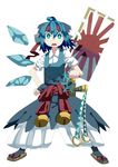  bad_id bad_pixiv_id bandana banner bell blue_eyes blue_hair bow cirno dress flag green_eyes hair_bow highres ice ice_wings jingle_bell open_mouth ribbon rising_sun sandals sashimono short_hair snowflakes solo sunburst sword the_omoti touhou weapon wings 