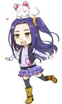  animal animal_on_head belt black_legwear boots cat cat_on_head chibi heart heart_necklace hummy_(suite_precure) kurokawa_eren long_hair minatsuki_randoseru on_head one_side_up precure purple_hair purple_shirt seiren_(suite_precure) shirt simple_background suite_precure thighhighs vest white_cat yellow_eyes zettai_ryouiki 