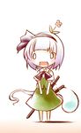  bow bowtie chibi dress_shirt drooling flower flower_on_head fumikiri_(dake_no_hito) ghost green_skirt green_vest hair_bow hairband highres hitodama katana konpaku_youmu konpaku_youmu_(ghost) open_mouth puffy_short_sleeves puffy_sleeves ribbon scabbard sheath sheathed shirt short_hair short_sleeves silver_hair simple_background skirt smile solid_circle_eyes solo sword touhou vest weapon white_background white_shirt 