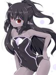  animal_ears bare_shoulders black_hair cat_ears contrapposto cowboy_shot dark_elf dark_skin elf extra_ears hand_on_hip long_hair one-piece_swimsuit pointy_ears pon_(shind_997) red_eyes smile solo standing strapless swimsuit tan 