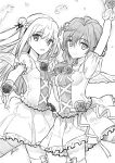  2girls :d arm_up assassins_pride breasts bridal_gauntlets double_bun eyebrows_visible_through_hair feathered_wings floating_hair flower frilled_skirt frills greyscale hair_between_eyes hair_ribbon highres holding_hand interlocked_fingers long_hair looking_at_viewer merida_angel miniskirt monochrome multiple_girls ninomoto novel_illustration official_art open_mouth pleated_skirt ribbon rose sarasha_sikzar shiny shiny_hair skirt small_breasts smile standing thighhighs wings zettai_ryouiki 