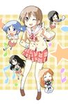  &gt;_&lt; ^_^ aioi_yuuko arm_cannon blue_eyes blue_hair blush book brown_eyes brown_hair cat chibi closed_eyes glasses hair_cubes hair_ornament hand_on_hip labcoat long_hair minakami_mai multiple_girls musical_note nadra naganohara_mio nichijou one_eye_closed open_mouth orange_hair paper parody plaid plaid_background plaid_skirt pointing pointing_at_viewer professor_shinonome rockman sakamoto_(nichijou) school_uniform shinonome_nano short_hair skirt smile star sweatdrop tokisadame_school_uniform weapon winding_key 