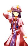  bow bowtie capelet chair cowboy_shot crescent crescent_hair_ornament dress fumikiri_(dake_no_hito) hair_bow hair_ornament hair_ribbon hand_to_head hat hat_bow highres long_hair long_sleeves looking_at_viewer mob_cap one_eye_closed patchouli_knowledge purple_dress purple_eyes purple_hair ribbon robe simple_background solo standing striped striped_dress tongue tongue_out touhou tress_ribbon v white_background 
