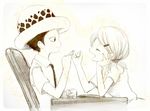  1boy 1girl child duo hat monochrome one_piece open_mouth puchiri siblings sketch smile table trafalgar_lami trafalgar_law twintails younger 