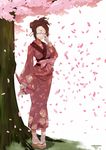  2014 adjusting_eyewear artist_name bespectacled brown_hair clog_sandals closed_eyes dated fuu glasses hair_ornament hair_stick highres japanese_clothes kimono knife petals pigeon-toed samurai_champloo sheath sheathed short_hair solo standing stormcow toes tree wakizashi white_background 