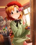  ahoge art_brush art_room beret blush brown_eyes brown_hair canvas_(object) easel hair_ribbon hat idolmaster idolmaster_million_live! looking_at_viewer official_art paintbrush painting palette ribbon sculpture short_hair solo upper_body wavy_mouth yabuki_kana 