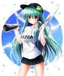  alternate_costume baseball_bat baseball_cap breasts frog_hair_ornament gohei green_hair hair_ornament hat highres kochiya_sanae large_breasts long_hair miniskirt osashin_(osada) pleated_skirt shirt short_sleeves skirt smile snake_hair_ornament solo touhou very_long_hair yellow_eyes 