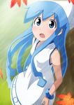  :o autumn_leaves bangle bare_shoulders blue_eyes blue_hair blush bracelet breasts collarbone dress gandoru hat highres ikamusume jewelry leaf looking_at_viewer maple_leaf open_mouth shinryaku!_ikamusume sleeveless sleeveless_dress small_breasts solo squid_hat sundress tentacle_hair 