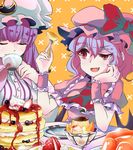  :d ascot bangs bat_wings berries blouse blue_hair blunt_bangs bow chin_rest closed_eyes cream crescent cup dessert drinking elbow_rest fang food fork frilled_sleeves frills fruit fuente gelatin hair_between_eyes hair_bow hat hat_bow hat_ornament holding holding_cup holding_fork ice_cream knife long_hair mob_cap multiple_girls open_mouth pancake patchouli_knowledge pink_blouse pinky_out plate pudding purple_hair red_eyes remilia_scarlet ribbon short_hair short_sleeves side-by-side smile stack_of_pancakes strawberry striped sweets syrup table teacup touhou vertical_stripes whipped_cream wings wrist_cuffs yellow_background 