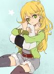  bad_id bad_pixiv_id blonde_hair food green_eyes hoshii_miki idolmaster idolmaster_(classic) long_hair onigiri pillow pillow_hug smile solo soto 