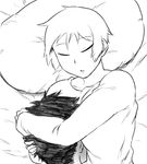  1girl between_breasts blush breast_smother breasts closed_eyes couple full-face_blush greyscale head_between_breasts hetero hug large_breasts monochrome original pillow short_hair sleeping solo_focus sweater tsukudani_(coke-buta) tsurime-chan 